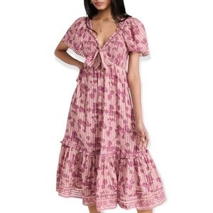 CLEOBELLA Ashlyn Midi Dress Bohemian Ruffle Hem Rose Pink Batik Print